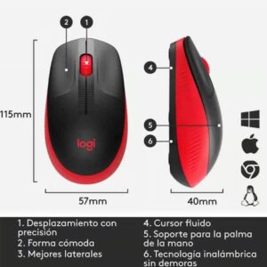 Mouse inalámbrico Logitech M190 en colores negro y rojo, con forma contorneada para mayor comodidad y conexión fiable.