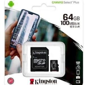 Tarjeta microSD Kingston de 64GB, clase 10 con velocidad de hasta 100 MB/s, ideal para smartphones, cámaras y tablets.