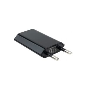 Cargador compacto de pared USB 5V en color negro, ideal para cargar smartphones, tablets y dispositivos USB.
