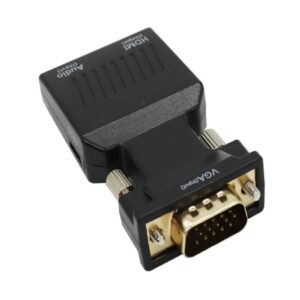 Convertidor de señal de VGA a HDMI en color negro, soporta resolución HD 1080p, ideal para conectar PCs a pantallas modernas.