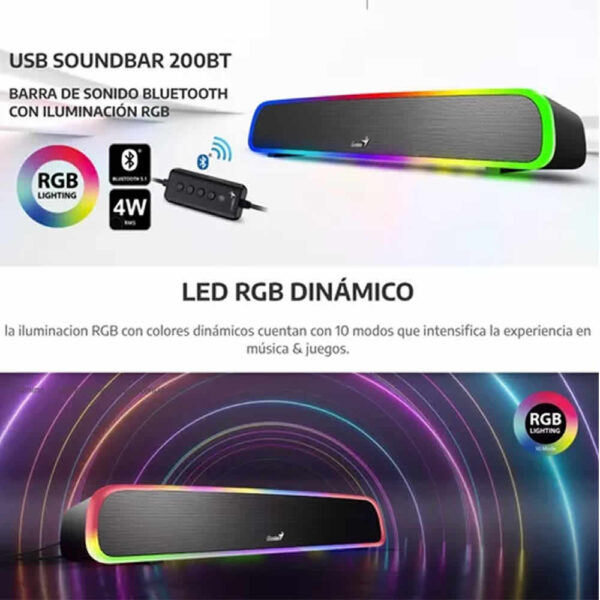 Barra de sonido Genius Sound Bar 200BT con conectividad Bluetooth, iluminación RGB y diseño compacto para escritorios modernos.