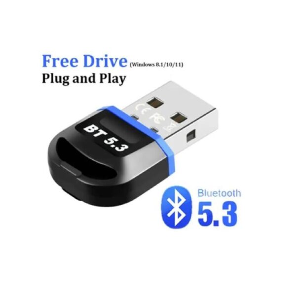 Adaptador Bluetooth 5.3 tipo dongle para PC, permite conectar dispositivos inalámbricos como audífonos, teclados o ratones vía USB.