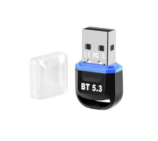 Adaptador Bluetooth 5.3 tipo dongle para PC, permite conectar dispositivos inalámbricos como audífonos, teclados o ratones vía USB.