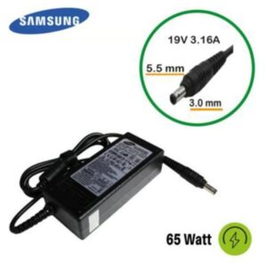 Cargador alternativo para laptops Samsung, 19V 3.16A 60W con conector 5.5x3.0mm, ideal para reemplazo o uso adicional.