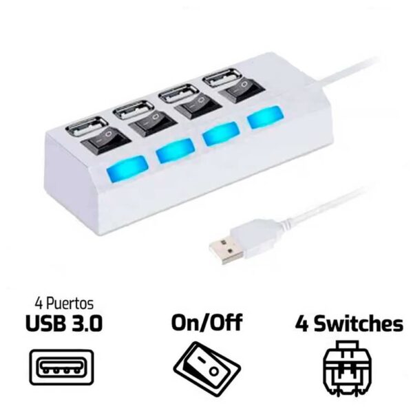 Concentrador USB 2.0 de 4 puertos en color blanco con interruptores independientes, práctico para controlar múltiples dispositivos.