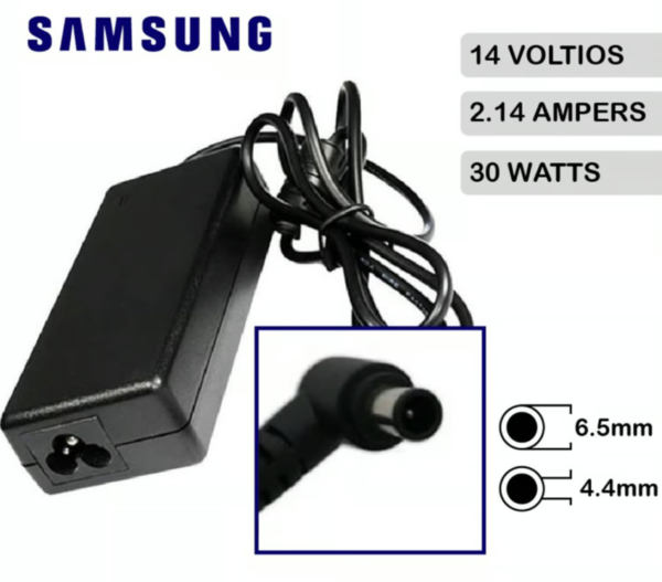 Cargador compatible Samsung, 14V 2.14A, punta 6.5x4.4mm, 30W.