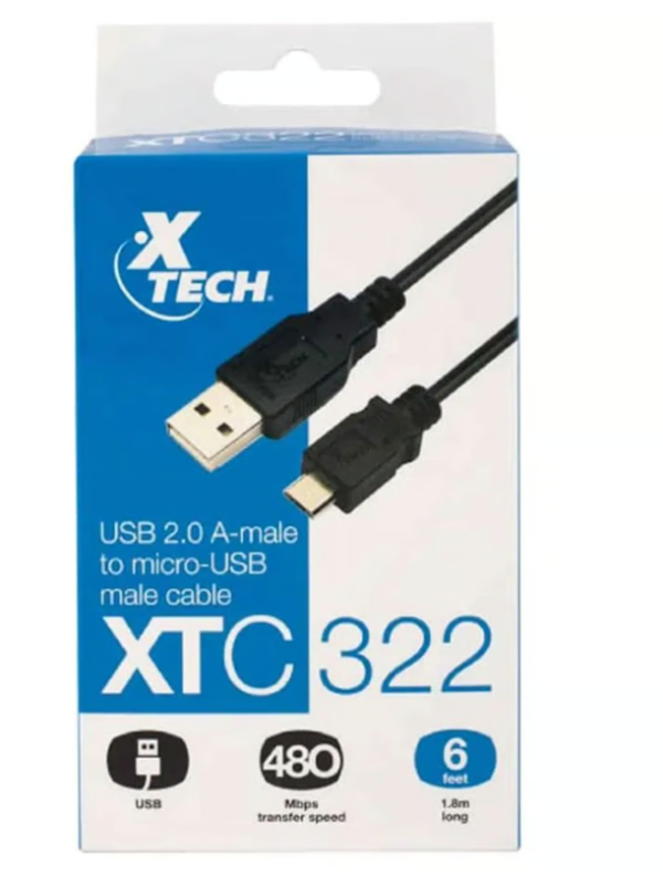 Cable Xtech XTC-322, USB 2.0 a Micro USB, ideal para carga y transferencia.