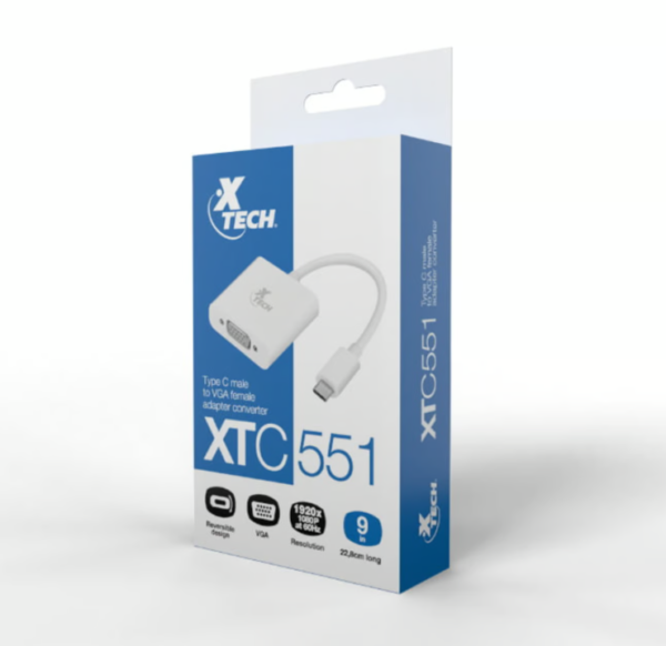 Adaptador de video Xtech XTC-551, USB-C a VGA hembra 1080p.