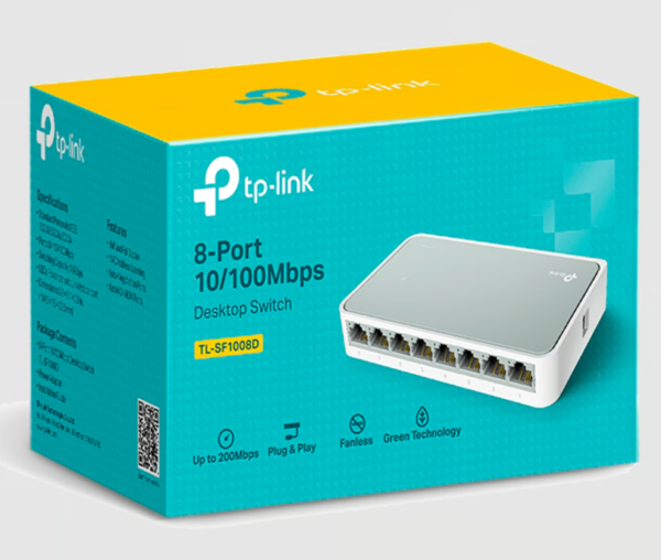 Switch TP-Link TL-SF1008D, 8 puertos Ethernet, velocidad de hasta 100 Mbps.