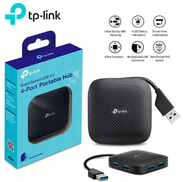 Hub USB TP-Link UH400, 4 puertos USB 3.0, conexión rápida y portátil.