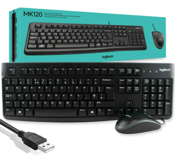 Kit Logitech MK120, teclado y mouse con cable, color negro.