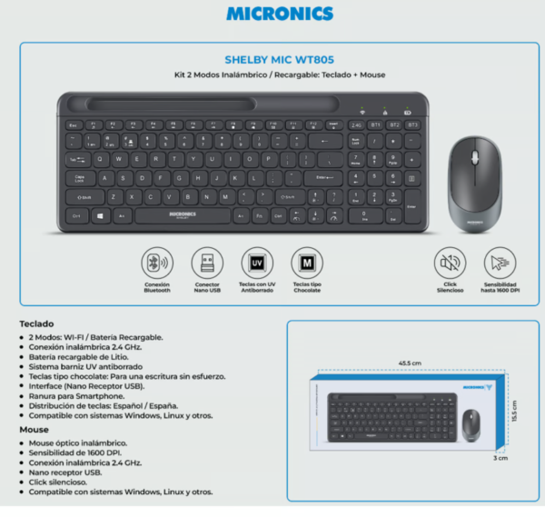 Kit Shelby MIC WT805, teclado y mouse con diseño compacto.