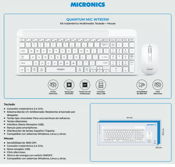 Kit Quantum MIC WT813w, teclado y mouse inalámbricos.