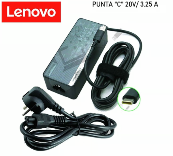 Cargador compatible Lenovo 20V 3.25A 65W con conector USB Type-C.