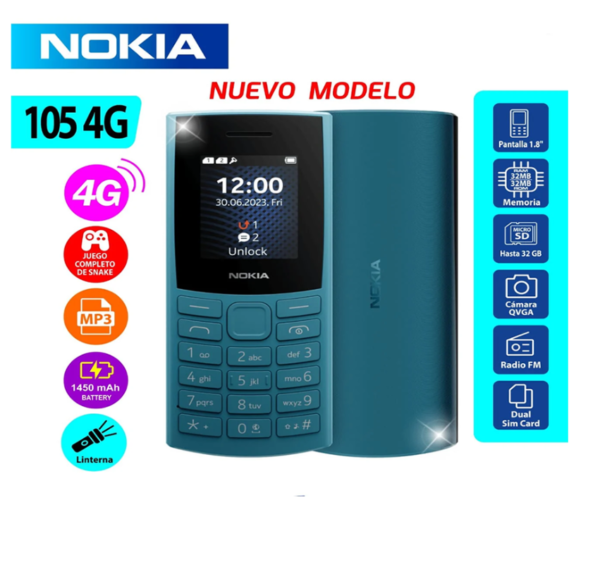 Celular Nokia 105 TA-16834G color azul, modelo dual SIM, teléfono móvil básico con pantalla color y batería de larga duración