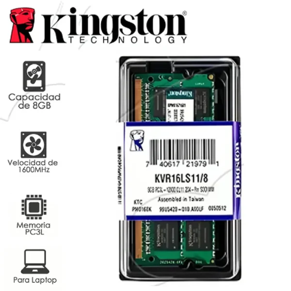 Memoria RAM Kingston 8GB DDR3L 1600MHz SODIMM PC3L KVR16LS11/8 para laptops, rendimiento confiable y eficiente