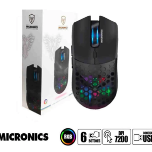 Mouse gamer liviano con diseño de panal, iluminación RGB, sensor de alta precisión y hasta 7200 DPI para un control rápido y preciso.