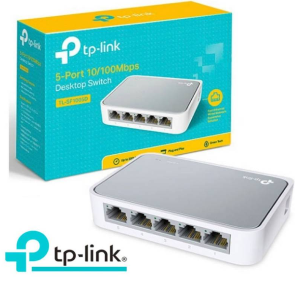 Switch de escritorio TP-Link TL-SF1005D, 5 puertos 10/100 Mbps para redes pequeñas.