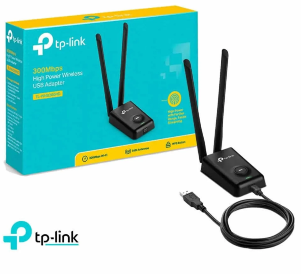 Adaptador USB Wi-Fi TP-Link 300Mbps 2.4GHz con antenas de alta ganancia.