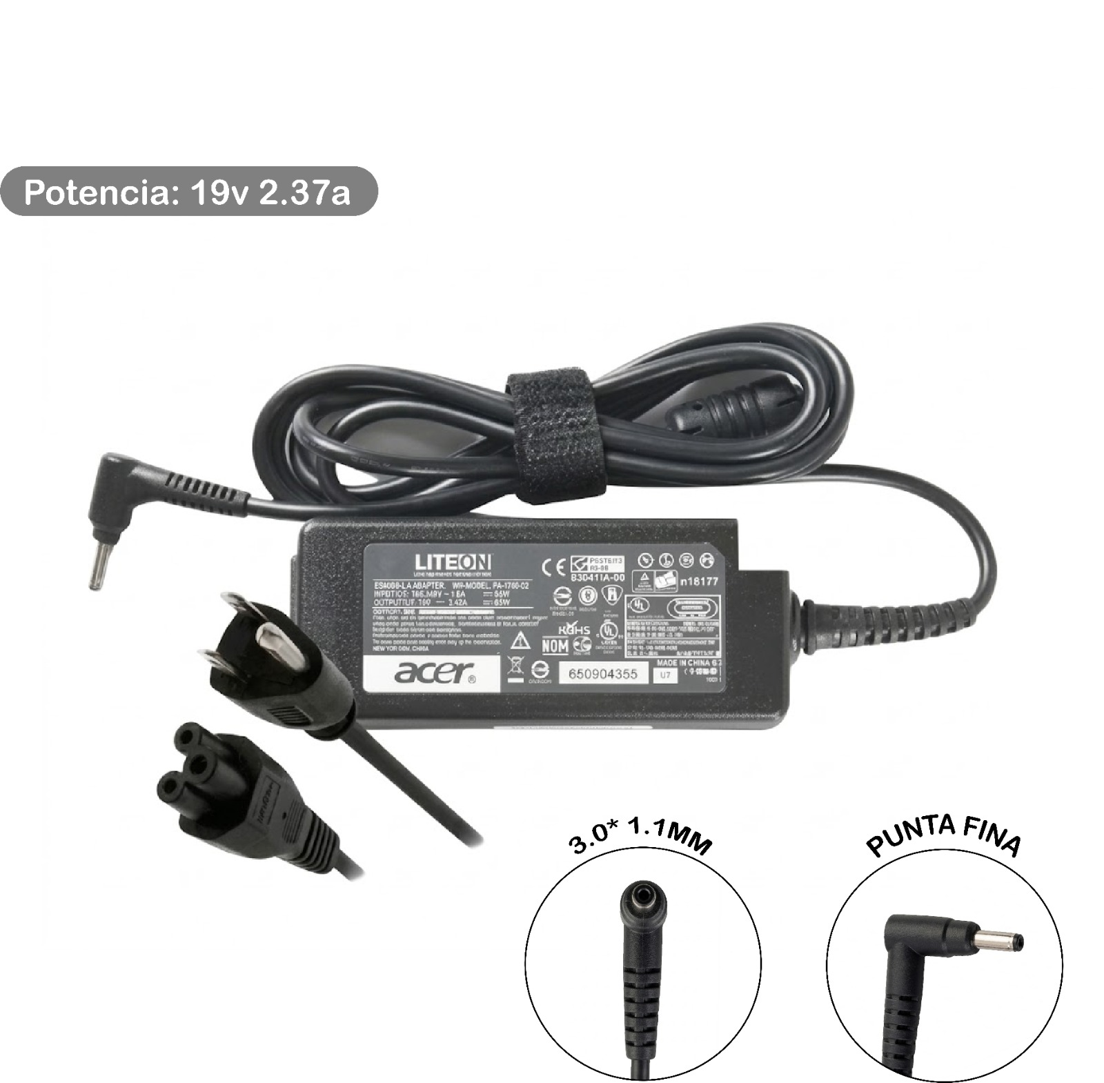 Cargador Compatible Acer 19V 2.37A 45W 3.0x1.1mm