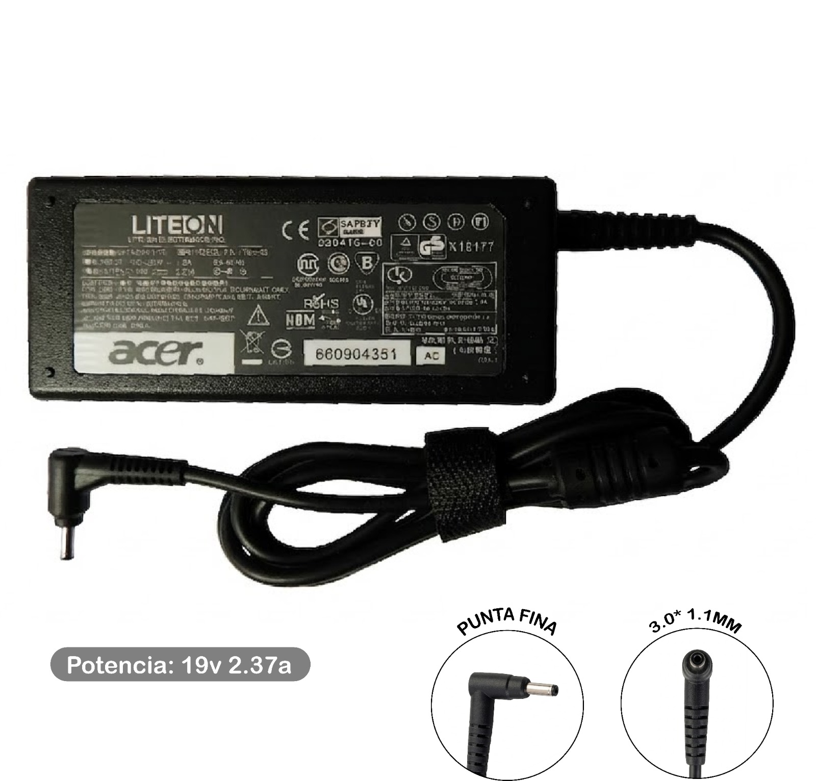 Cargador Compatible Acer 19V 2.37A 45W 3.0x1.1mm - Imagen 2