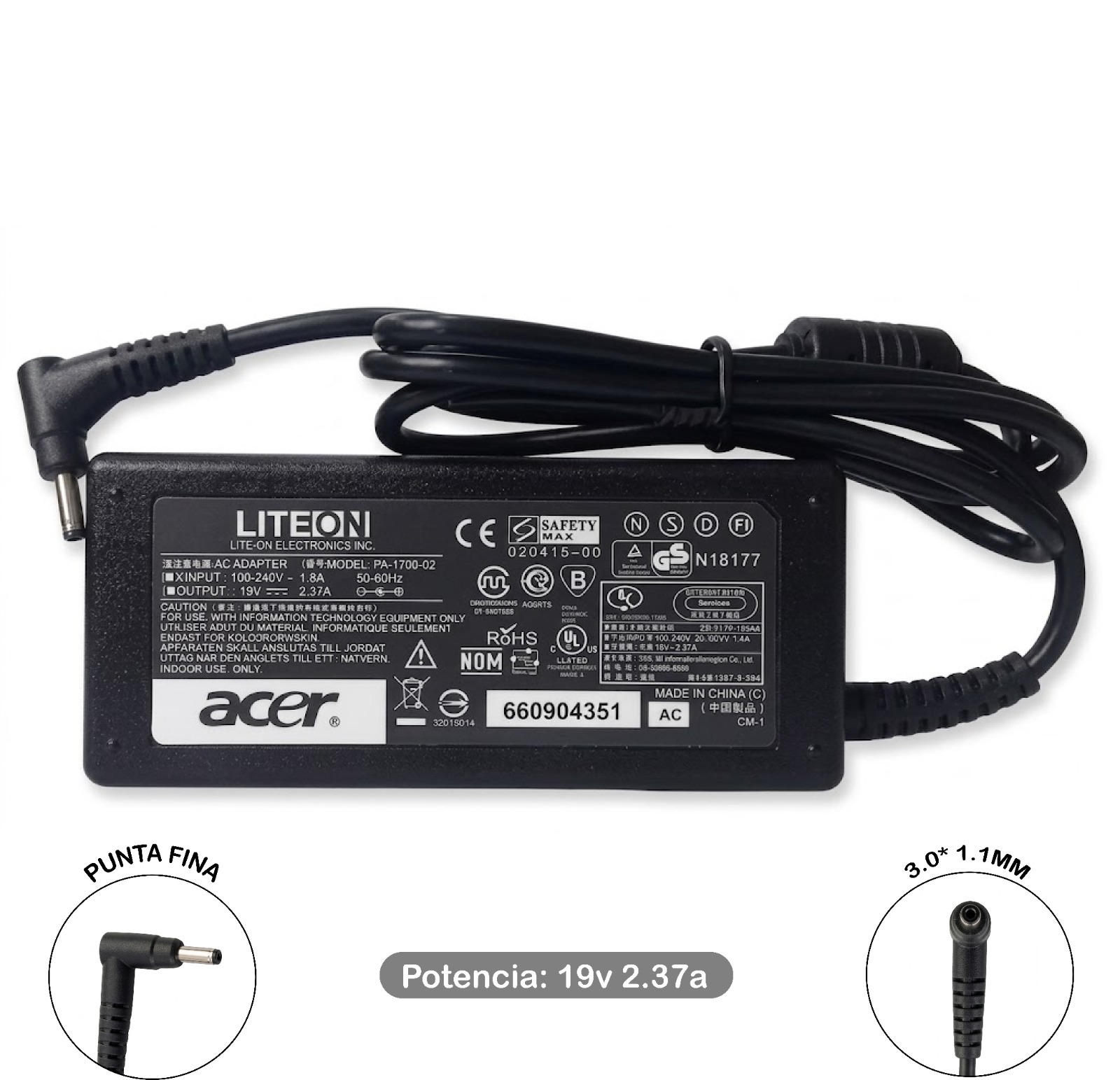 Cargador Compatible Acer 19V 2.37A 45W 3.0x1.1mm - Imagen 3
