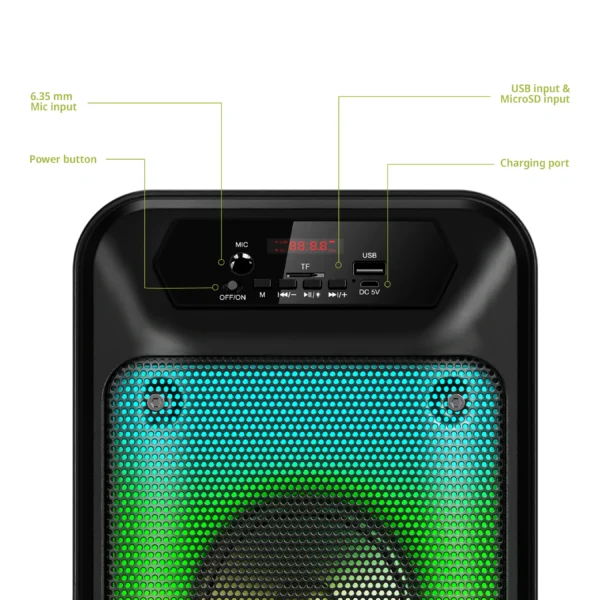 Parlante Torre DYNAMIC EV5004 4" – Bluetooth, LED RGB, USB/mSD, FM, Micrófono, Batería Recargable - Imagen 3