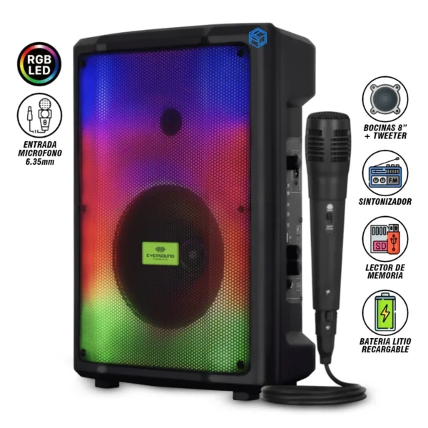 Parlante Torre FLAMING EV3000AC 8" – Bluetooth, RGB, FM, USB, Micrófono, Batería Recargable