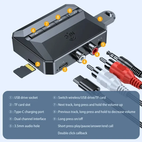 ADAPTADOR BLUETOOTH 5.3 T59 CON NFC, SALIDA DUAL AUX O RCA - Imagen 3