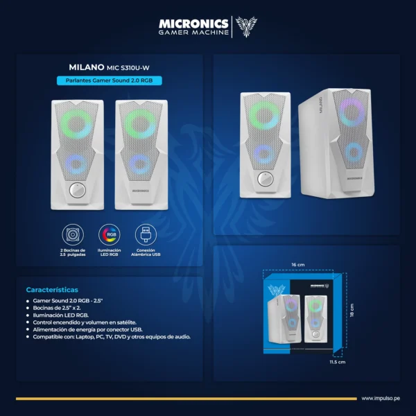 Milano MIC S310UW – Bocinas 2.0 Gamer con LED RGB, USB - Imagen 4
