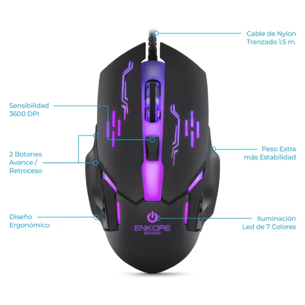 Mouse Gamer Enkore Bravio EKM313 RGB – Alta Precisión - Imagen 2