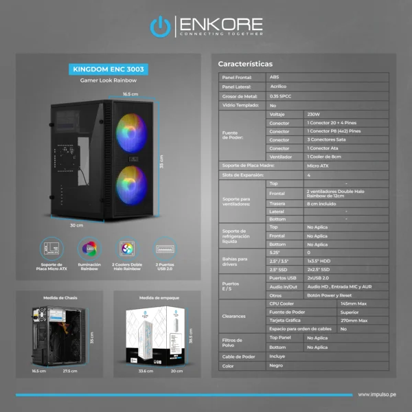 Case Gamer KINGDOM ENC 3003R 230W 2FAN 12CM ARGB ENKORE - Imagen 6