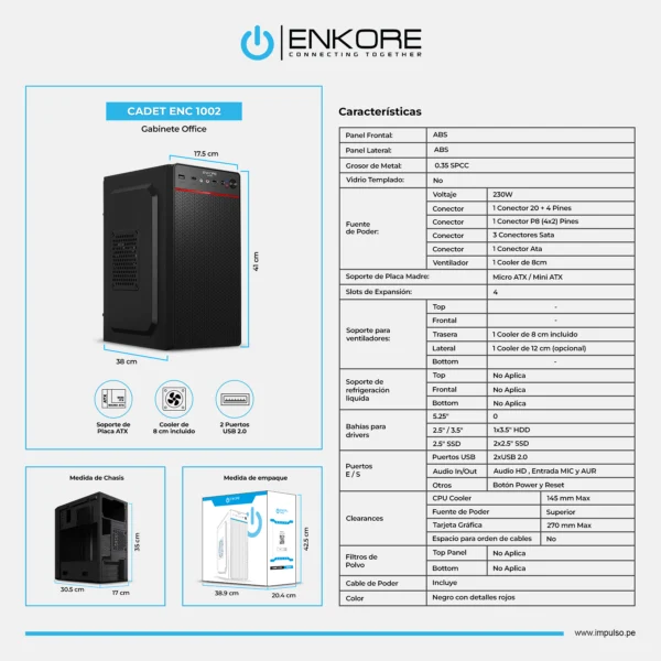 Case CADET ENC 1000 microATX 230W 8CM FAN ENKORE - Imagen 8