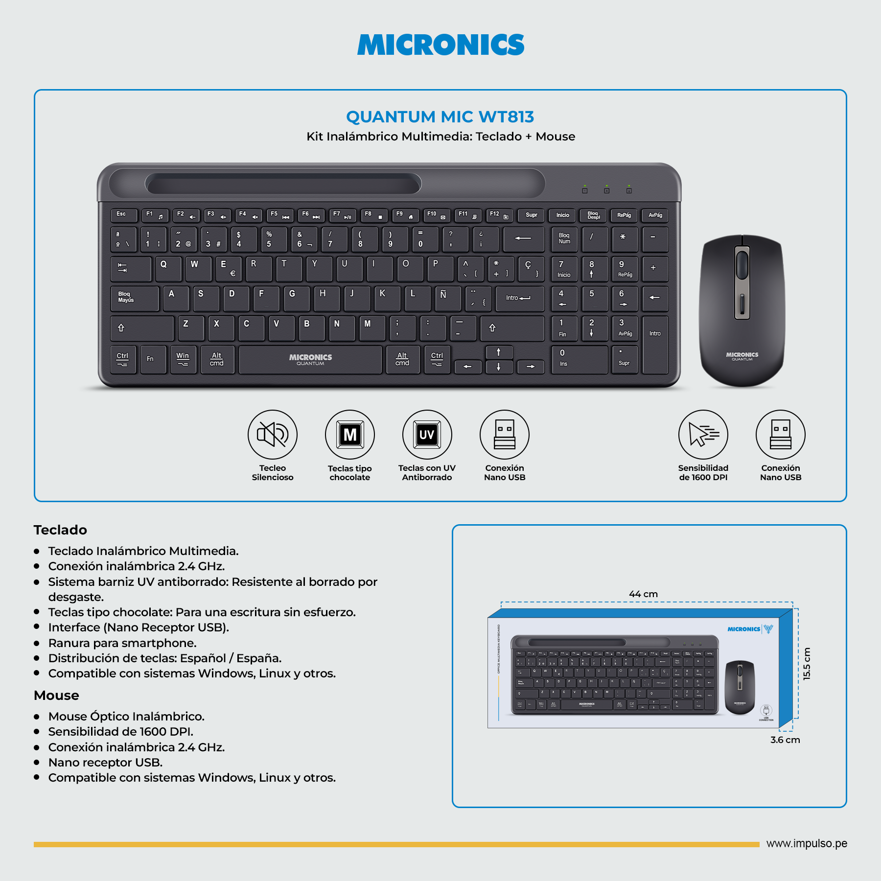 Kit Quantum MIC WT813 – Teclado Multimedia + Mouse 1600 DPI - Imagen 4