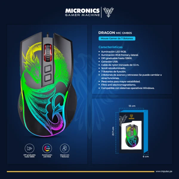 Mouse Gamer USB 7B 12800DPI Dragon MIC GM805 - Imagen 2