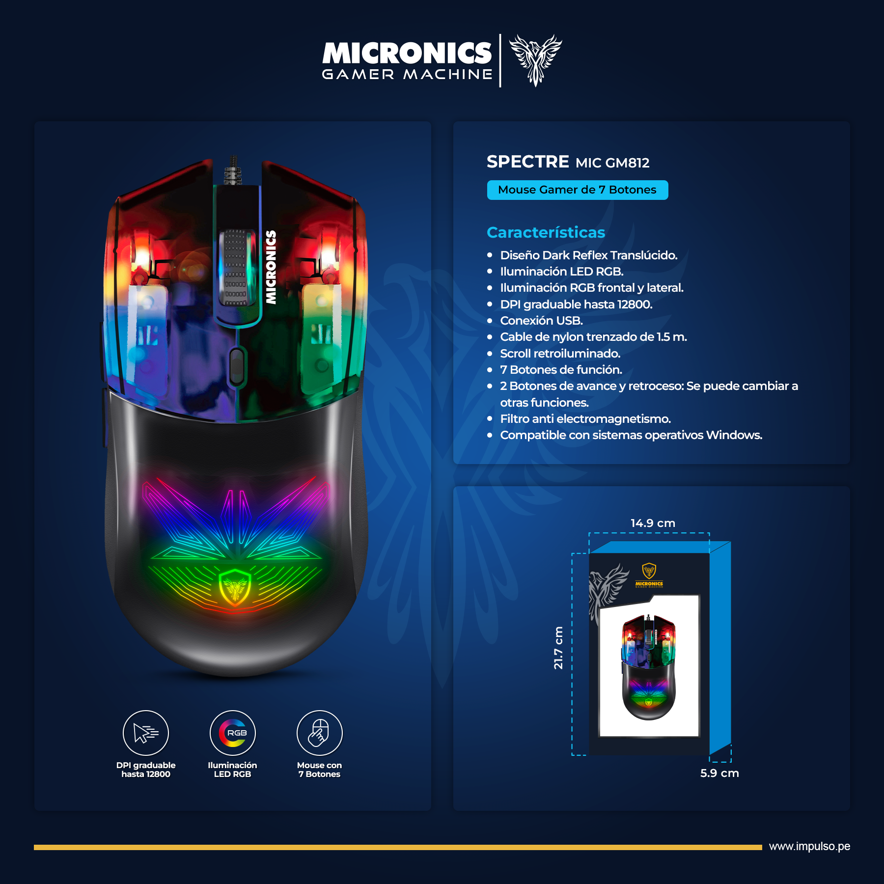 Mouse Gamer SPECTRE MIC GM812 USB RGB 7B 12800DPI MICRONICS - Imagen 2