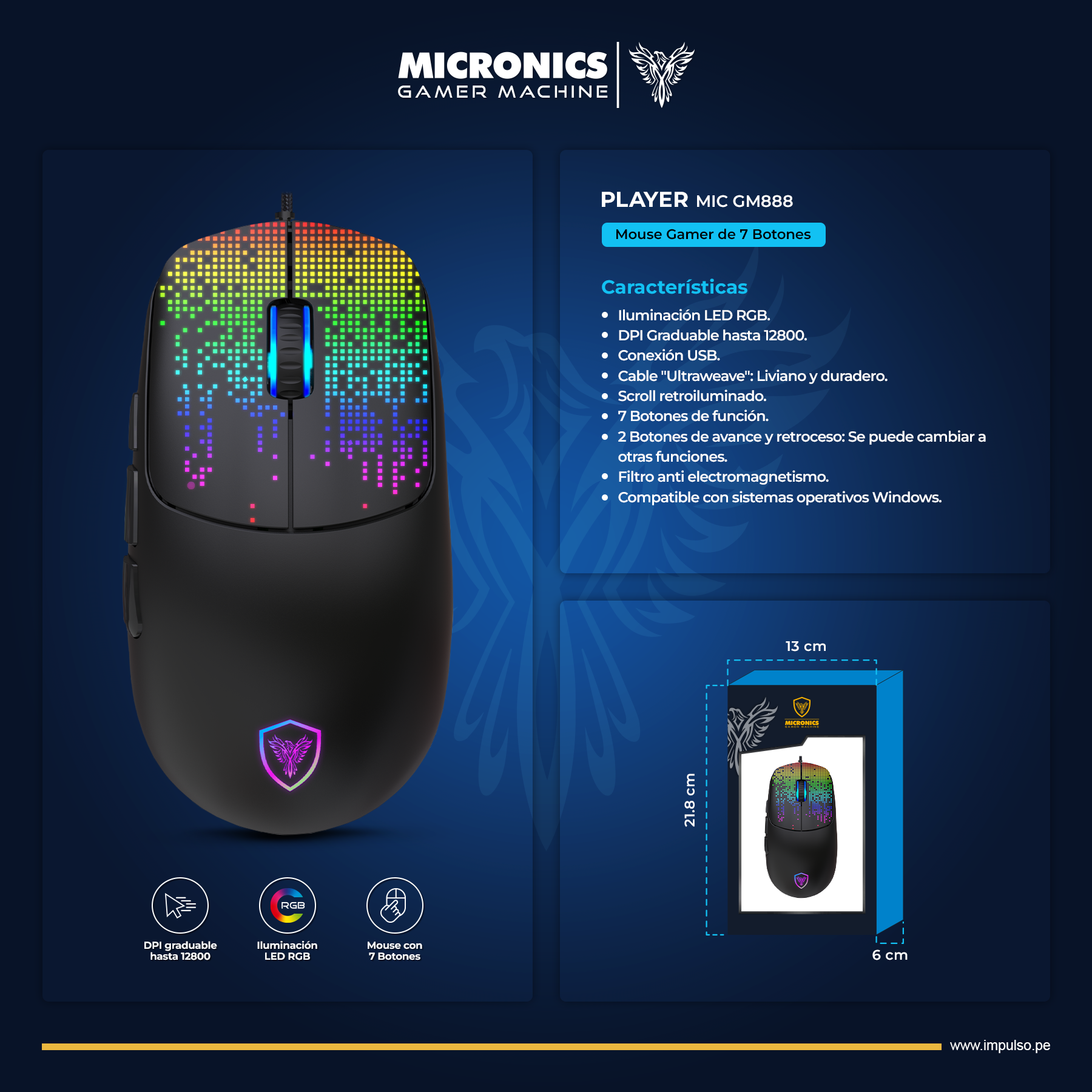 Mouse Gamer PLAYER MIC GM888 USB RGB 7B 12800DPI MICRONICS - Imagen 3