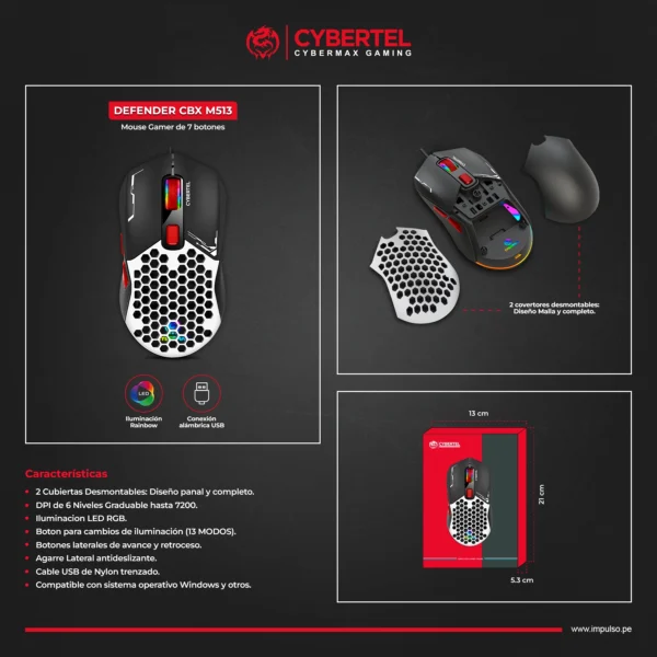 Mouse Gamer Cybertel Defender CBX M513 – 7200 DPI RGB - Imagen 5