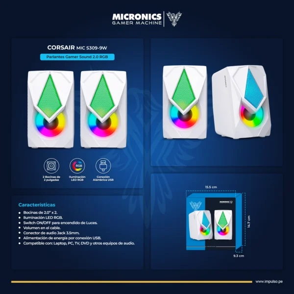 Parlante Micronics Corsair - MIC S309-9W | Sonido 2.0 - Imagen 3