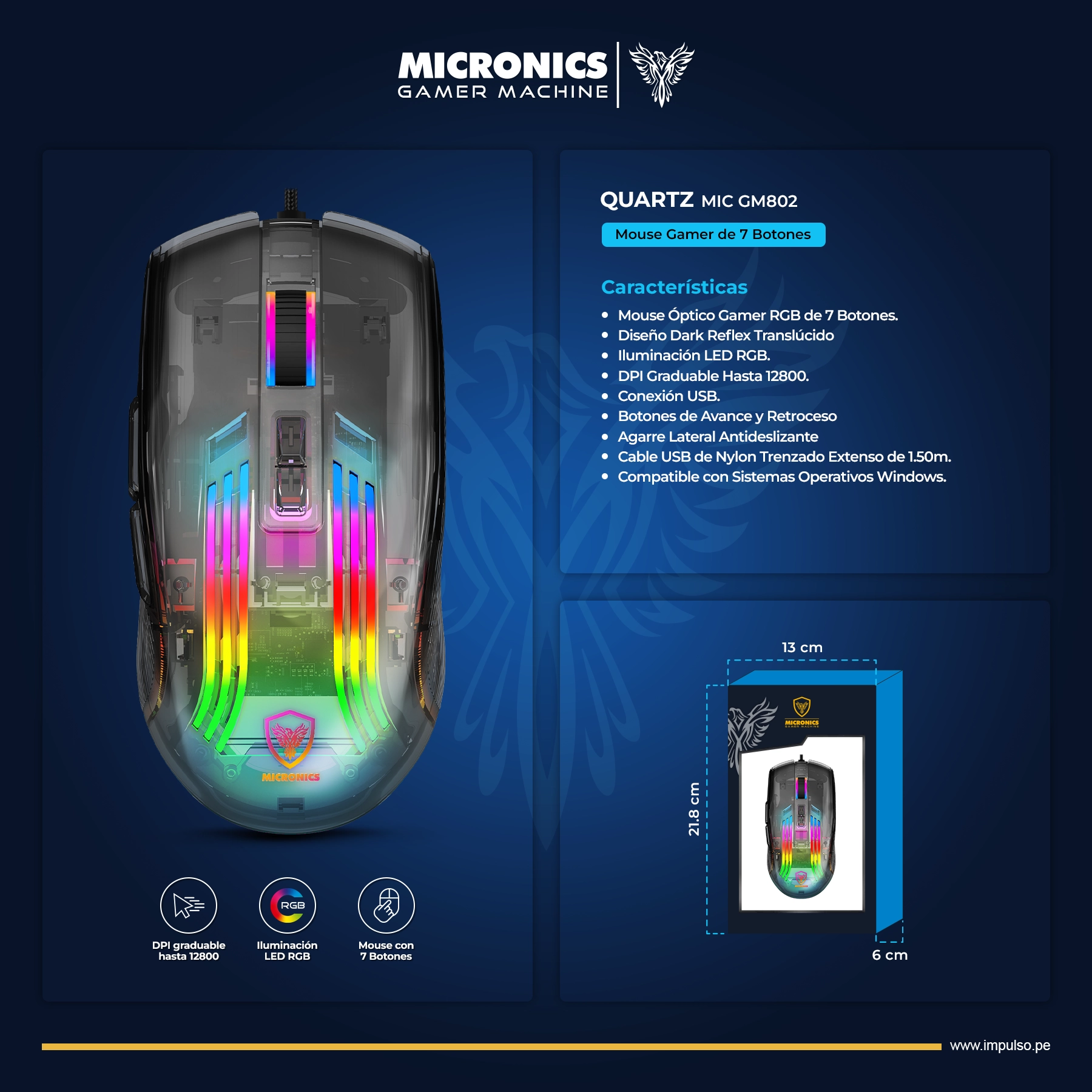 Mouse Gamer Micronics Quartz RGB 12800 DPI - Imagen 2