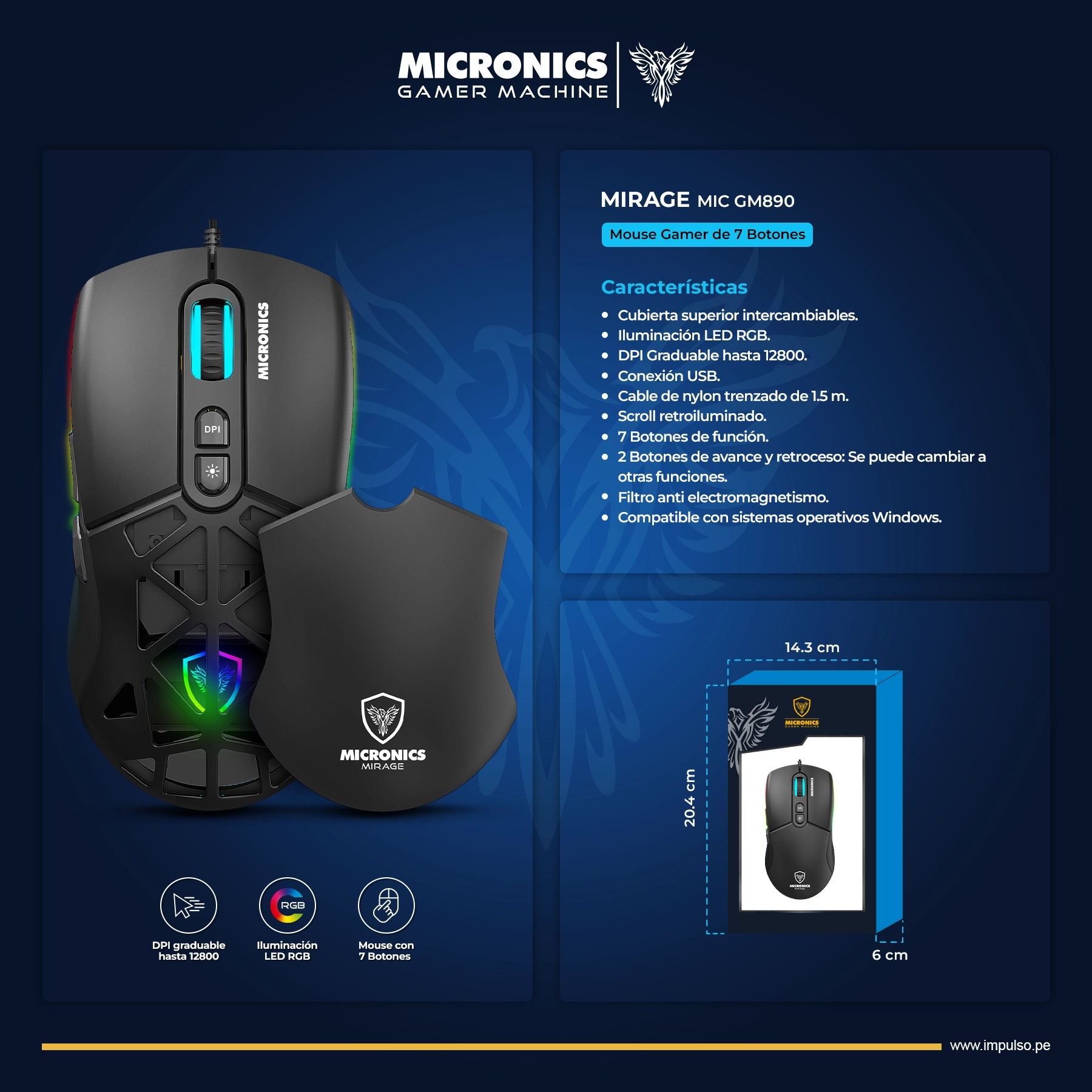 Mouse Gamer MIRAGE MIC GM890 USB RGB 7B 12800DPI MICRONICS - Imagen 4