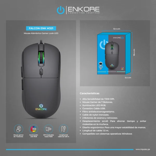 Mouse Gamer Enkore Falcon ENKM321 USB RGB - Imagen 2