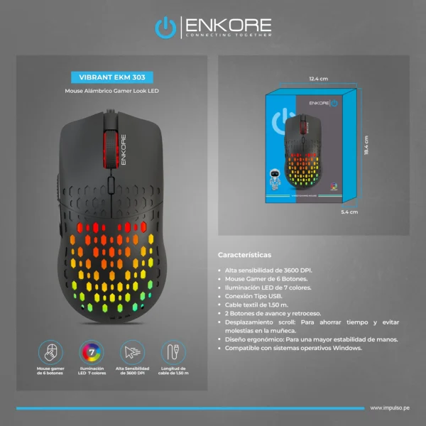 Mouse Gamer Enkore Vibrant EKM303 USB RGB - Imagen 2