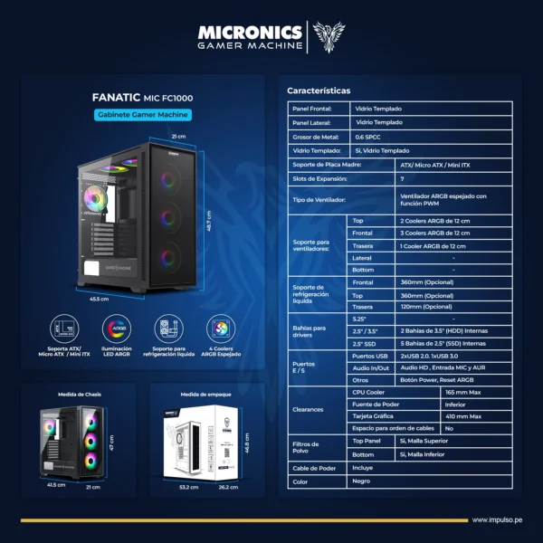 Case Gamer Micronics Fanatic FC1000 ARGB Vidrio Templado - Imagen 2