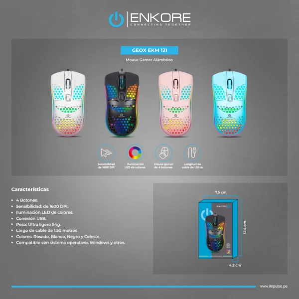 Mouse Gamer GEOX EKM121W USB 4B Ultraligero ENKORE - Imagen 4