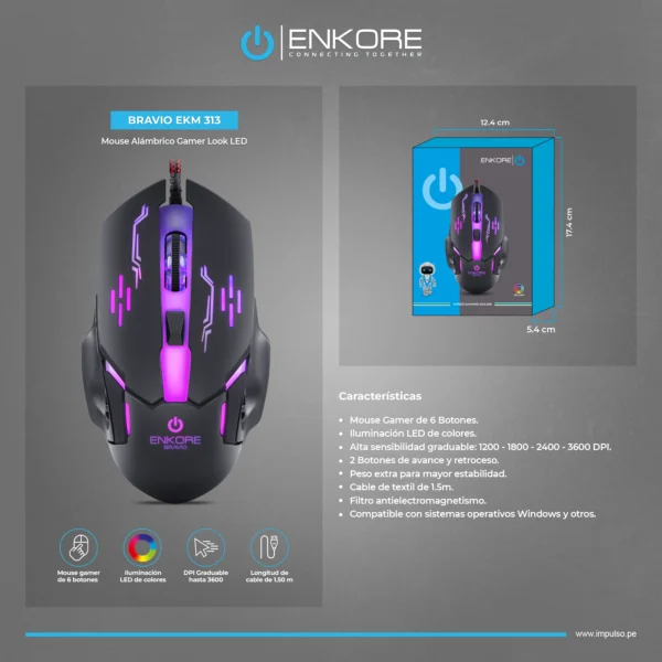 Mouse Gamer Enkore Bravio EKM313 RGB – Alta Precisión - Imagen 3