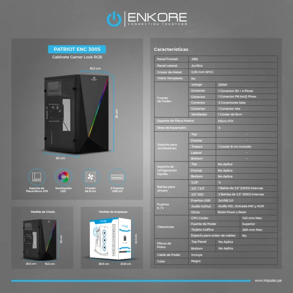 Case Gamer PATRIOT ENC 3005 230W HD AUDIO 8CM FAN ENKORE - Imagen 6