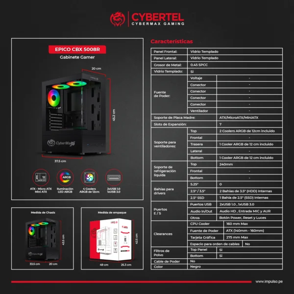 Case Gamer EPICO CBX5008R ARGB 4FAN CYBERTEL - Imagen 2