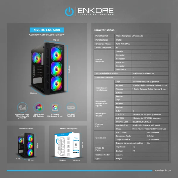 Case Gamer MYSTIC ENC 5001 USB3.0 4FAN MIRROR RAINBOW ENKORE - Imagen 2