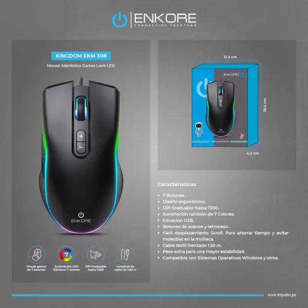 Mouse Gamer KINGDOM EKM308 USB Rainbow 7B 7200DPI ENKORE - Imagen 2